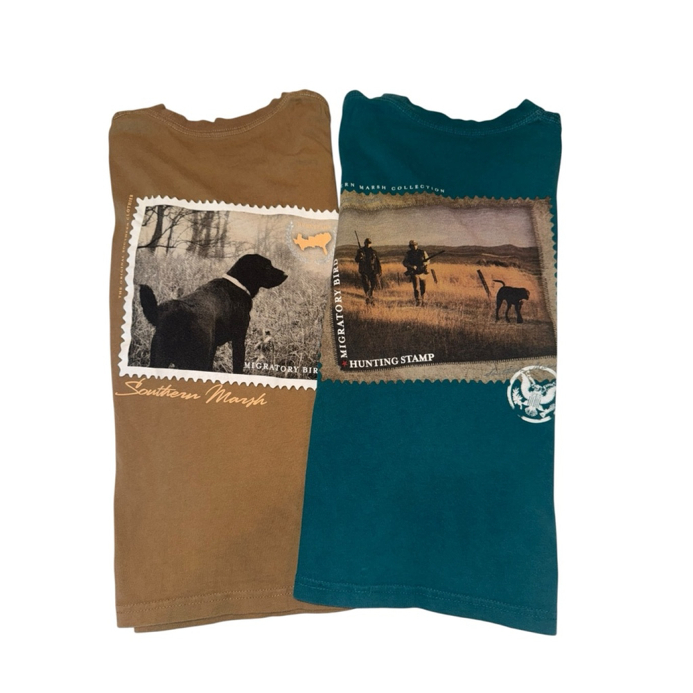 NWT 2 Boys Southern Marsh Long Sleeve Tees M Brown Teal Hunting Stamp